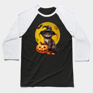 Black Cat In Witch Hat Harvest Moon Halloween Baseball T-Shirt